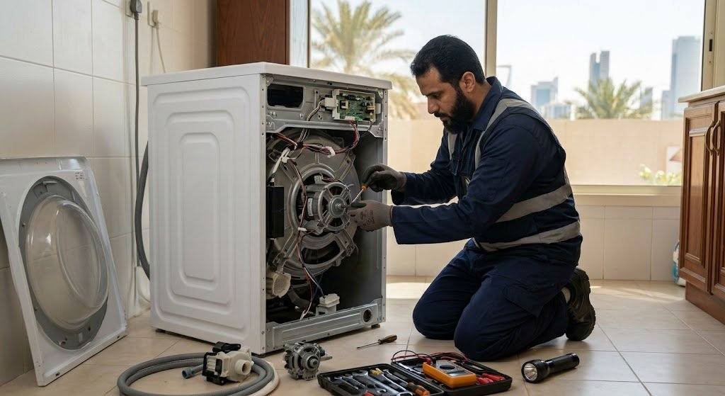 فني محترف يقوم بفحص وصيانة الغسالة بدقة وإتقان باستخدام أحدث المعدات ضمن خدمات تصليح غسالات ابوالحصاينه بالكويت لضمان أعلى كفاءة للتشغيل وراحة العملاء.