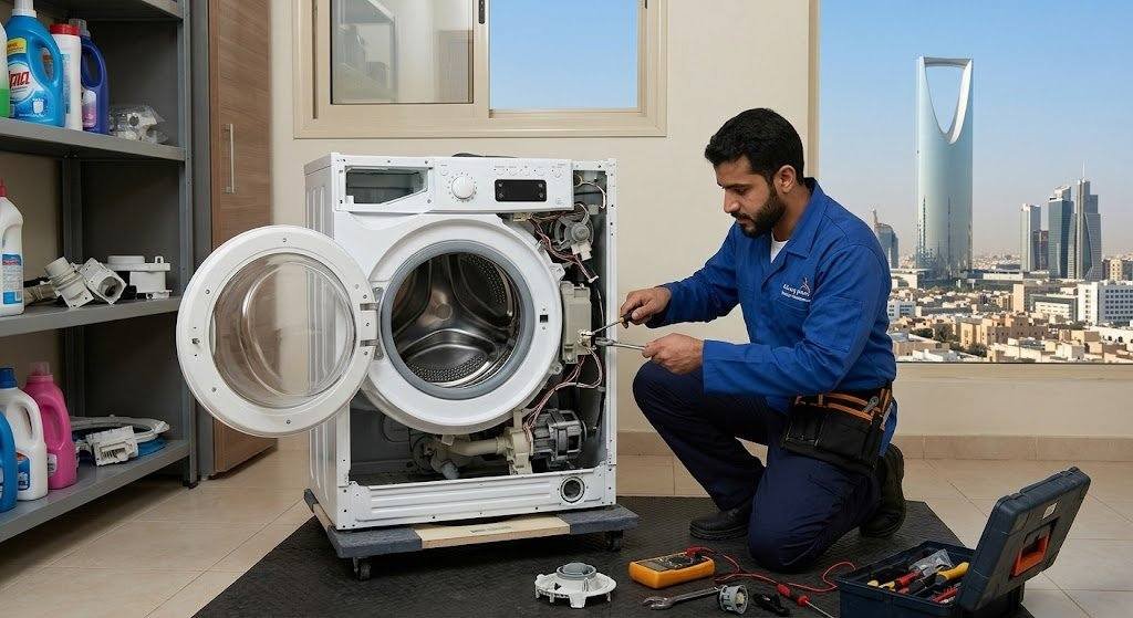 فني صيانة محترف يقوم بفحص وتصليح الغسالة بدقة وأمان ضمن خدمات تصليح غسالات الصديق بالكويت لضمان استعادة كفاءتها وراحة العملاء.