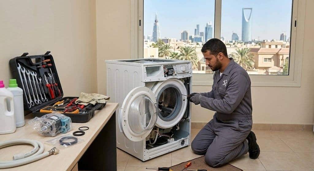 فني محترف يقوم بفحص وتصليح غسالة الملابس بدقة وإتقان باستخدام أحدث المعدات ضمن خدمات صيانة غسالات الأحمدي بالكويت لضمان استعادة كفاءتها التشغيلية وراحة العملاء.