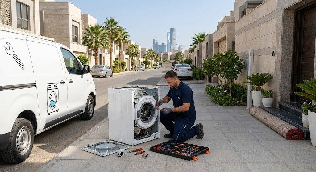 فني محترف يقوم بأعمال فحص وصيانة الغسالات بدقة وأمان باستخدام أحدث المعدات ضمن خدمات تصليح غسالات الدعية بالكويت لضمان كفاءة التشغيل وراحة العملاء.