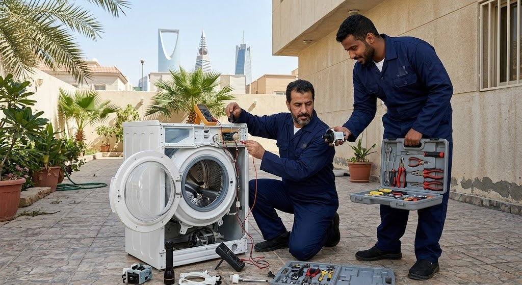 فني محترف يقوم بأعمال فحص وصيانة الغسالات بدقة وأمان باستخدام أحدث المعدات وقطع الغيار الأصلية ضمن خدمات تصليح غسالات الظهر بالكويت لضمان الأداء المثالي وراحة العملاء.