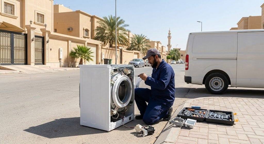 فني محترف يقوم بفحص وصيانة الغسالة بدقة وأمان باستخدام أحدث المعدات وقطع الغيار الأصلية ضمن خدمات تصليح غسالات الفنيطيس بالكويت لضمان كفاءة التشغيل وراحة العملاء.