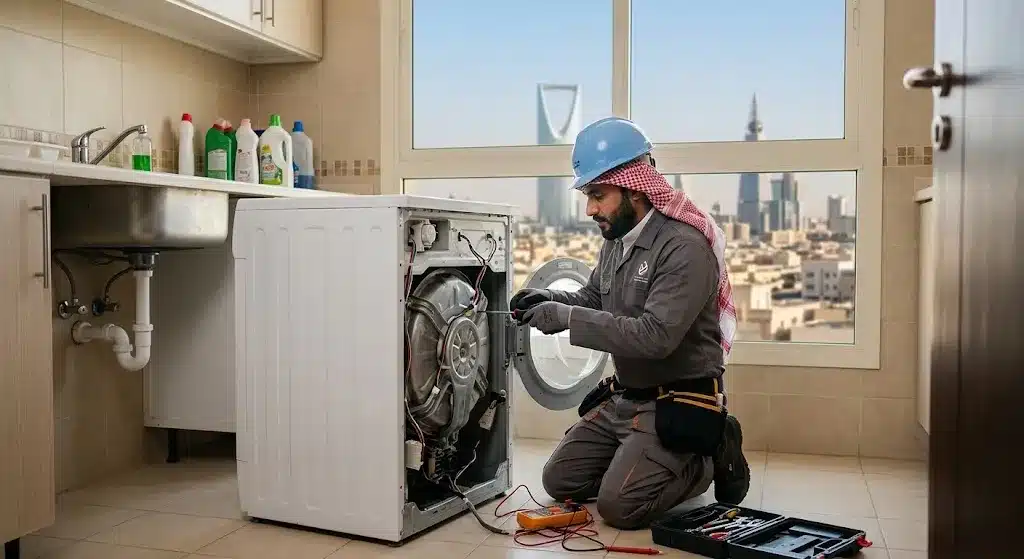 فني محترف يقوم بأعمال فحص وصيانة غسالات الملابس بدقة وأمان باستخدام أحدث المعدات وقطع الغيار الأصلية ضمن خدمات صيانة غسالات صباح السالم بالكويت لضمان استعادة كفاءة التشغيل وراحة العملاء.
