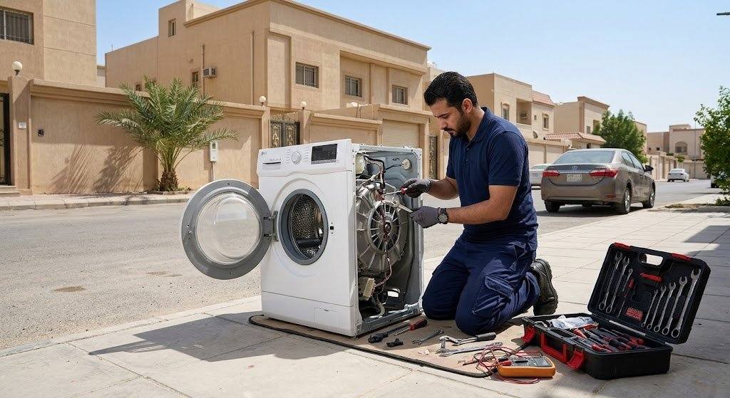 فني محترف يقوم بأعمال فحص وصيانة الغسالات بدقة وأمان باستخدام أحدث المعدات وقطع الغيار الأصلية ضمن خدمات تصليح غسالات النهضة بالكويت لضمان كفاءة التشغيل وراحة العملاء.