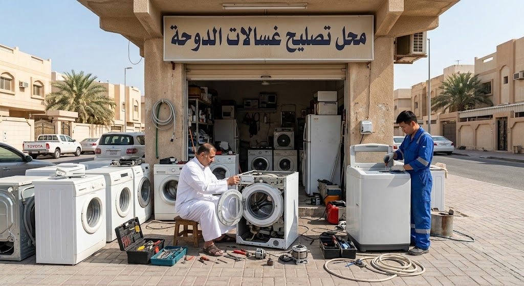 فني محترف يقوم بأعمال فحص وصيانة الغسالات بدقة وأمان باستخدام أحدث المعدات وقطع الغيار الأصلية ضمن خدمات تصليح غسالات الدوحة بالكويت لضمان كفاءة التشغيل وراحة العملاء.